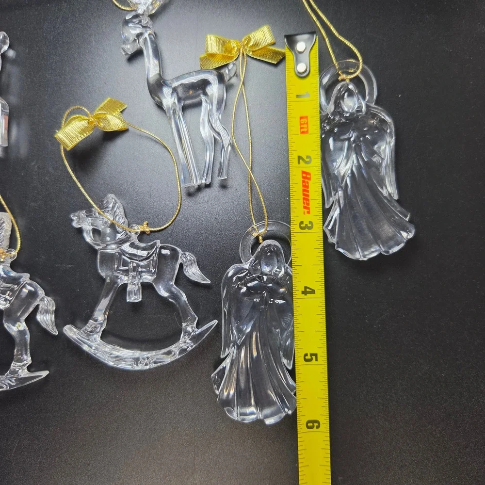 Clear Plastic Christmas Ornaments Set of 6 Reindeer Angel Rocking Horse Gold Bow